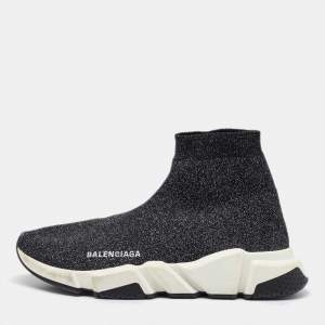 Balenciaga Black Shimmer Knit Fabric Speed Trainer High Sneakers Size 39