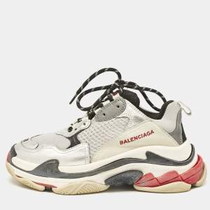 Balenciaga Silver/Black Faux Leather and Mesh Triple S Sneakers Size 38