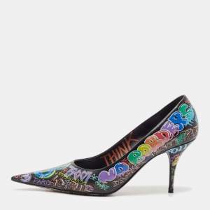 Balenciaga Black Leather Graffiti Print BB Pointed Toe Pumps Size 39