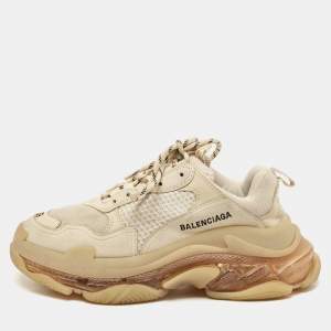 Balenciaga Cream Faux Leather and Mesh Triple S Clear Lace Up Sneakers Size 39