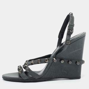 Balenciaga Green Leather Arena Studded Wedge Sandals Size 39