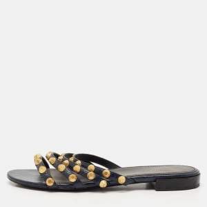 Balenciaga Navy Blue Leather Arena Flat Sandals Size 39.5