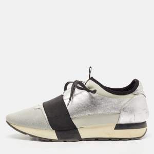 Balenciaga Silver Leather and Fabric Race Runner Low Top Sneakers Size 40