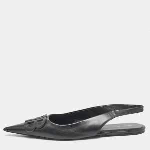 Balenciaga Black Leather BB Knife Pointed Toe Slingback Flats Size 40