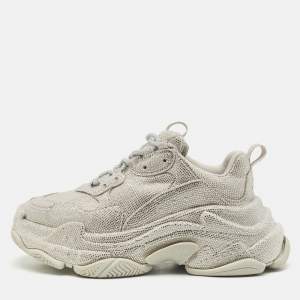 Balenciaga Grey Suede Crystal Embellished Triple S Sneakers Size 37