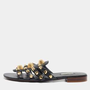 Balenciaga Black Leather Arena Flat Slides Size 40
