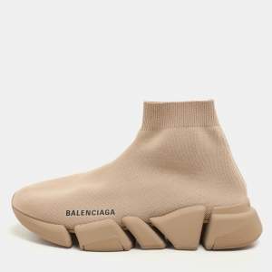Balenciaga Beige Knit Fabric Speed Trainer High Top Sneakers Size 37