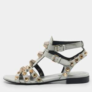 Balenciaga Grey Leather Studded Ankle Strap Flat Sandals Size 37