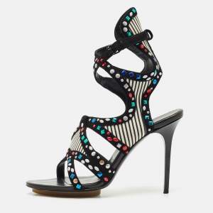 Balenciaga Multicolor Suede and Leather Cutout Ankle Wrap Sandals Size 40