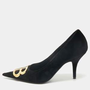 Pre Owned Balenciaga Black Velvet BB Pointed Toe Pumps Size 38