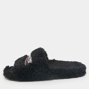Balenciaga Black Faux Shearling Fur Furry Slide Sandals Size 42