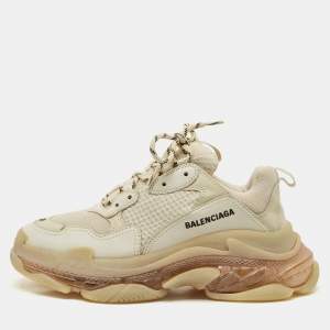 Balenciaga Beige Leather and Mesh Triple S Clear Sole Sneakers Size 41