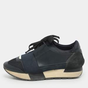 Balenciaga Navy Blue Leather and Mesh Race Runner Low Top Sneakers Size 35