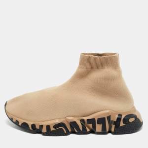Balenciaga Beige Knit Fabric Speed Trainer High Top Sneakers Size 37