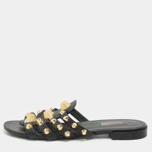 Balenciaga Black Leather Studded Arena Flat Slides Size 39.5