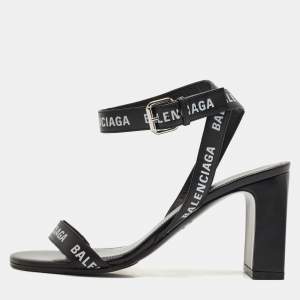 Pre Owned Balenciaga Black Logo Print Leather Ankle Strap Sandals Size 38