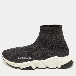 Balenciaga Shimmery Black Metallic Knit Fabric Speed Trainer Sneakers Size 39