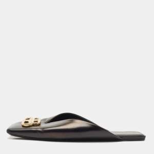 Pre Owned Balenciaga Black Leather Double Square BB Flat Mules Size 41