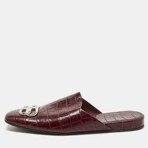 Balenciaga Burgundy Croc Embossed Leather Cosy BB Flat Sandals Size 40