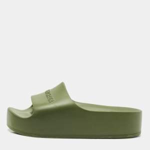 Balenciaga Dark Green Rubber Chunky Logo Pool Slides Size 38