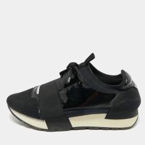 Balenciaga Black Nylon and Patent Leather Race Runner Lace Up Sneakers Size 38