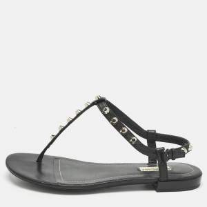Pre Owned Balenciaga Black Leather Arena Thong Flats Size 39.5
