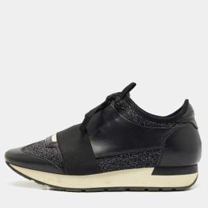 Pre Owned Balenciaga Black/Silver Fabric and Leather Race Runner Lace Up Sneakers Size 38
