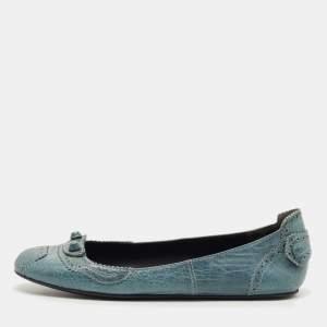 Pre Owned  Balenciaga Blue Brogue Leather Arena Studded Ballet Flats Size 39.5