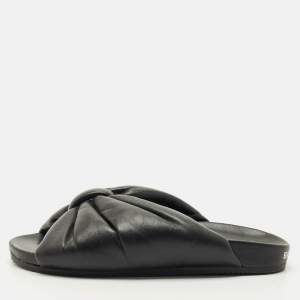 Pre Owned Balenciaga Black Leather Drapy Flat Slide Size 37