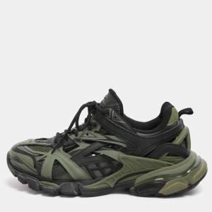 Pre Owned Balenciaga Green/Black Faux Leather and Mesh Track Low Top Sneakers Size 41