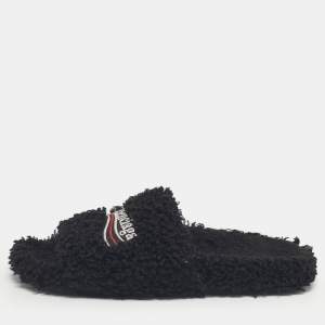 Pre Owned Balenciaga Black Shearing Logo Flat Slides Size 37