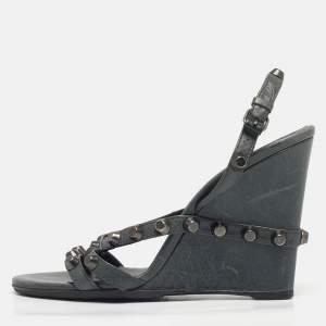 Pre Owned Balenciaga Green Leather Arena Studded Strappy Wedge Sandals Size 39