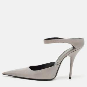 Pre Owned Balenciaga Grey Leather Pointed Toe  Mules Size 37.5