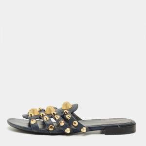 Pre Owned Balenciaga Navy Blue Leather Studded Arena Flat Slides Size 39