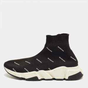 Pre Owned Balenciaga Black/White Knit Fabric Allover Logo Speed Trainer Sneakers Size 37