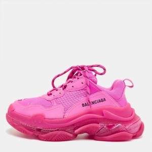 Pre Owned Balenciaga Pink Faux Leather and Mesh Triple S Clear Sole Sneakers Size 37