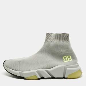 Pre Owned Balenciaga Grey Knit Fabric Speed Trainer High Top Sneakers Size 37