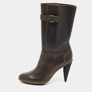 Pre Owned Balenciaga Dark Green Leather Buckle Details Mild Calf Length Boots Size 37.5