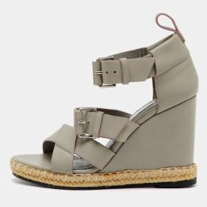 Pre Owned Balenciaga Grey Leather Ankle Strap Espadrille Wedge Sandals Size 35