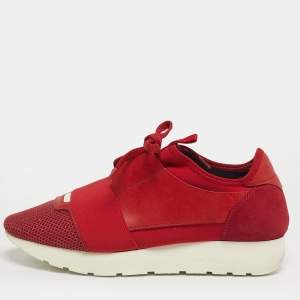 Pre Owned Balenciaga Red Leather and Mesh Race Runner Low Top Sneakers Size 38