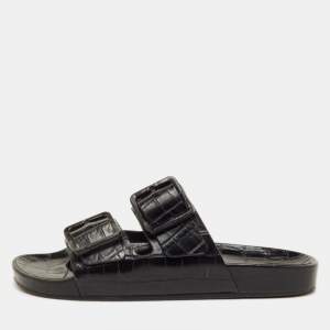 مملوكة مسبقًا Balenciaga Mallorca Size 41 Black Croc Embossed Leather Banded Buckle Slide Sandals