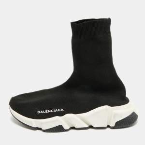 Pre Owned Balenciaga Speed Trainer Size 38 Black Knit Fabric High Top Sneakers