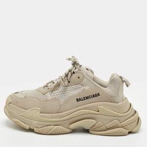 Pre Owned Balenciaga Triple S Size 38 Beige Faux Leather and Mesh Lace Up Sneakers
