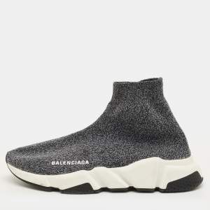Pre Owned Balenciaga Speed Size 38 Black/Grey Knit Fabric High Slip On Sneakers