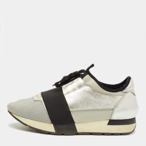 Pre Owned Balenciaga Race Runner Size 38 Grey/Black Knit Fabric, Leather and Neoprene Low Top Sneakers