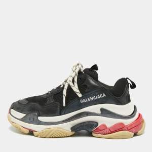 Pre Owned Balenciaga Triple S Size 38 Black Mesh and Nubuck Leather Low Top Sneakers