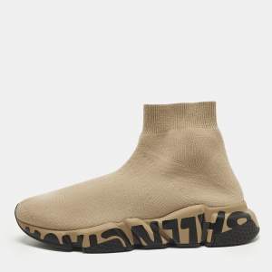 مملوكة مسبقًا Balenciaga Speed Graffiti Size 38 Brown Knit Fabric High Top Sneakers