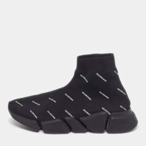 مملوكة مسبقًا Balenciaga speed 2.0 Size 38 Black Knit Fabric Logo Print High Top Sneakers