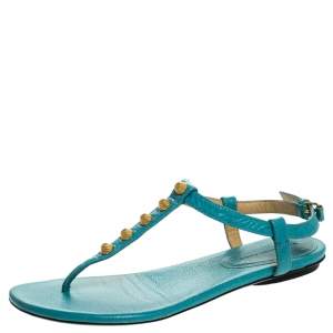 Balenciaga Turquoise Studded Leather Arena Thong Sandals Size 37