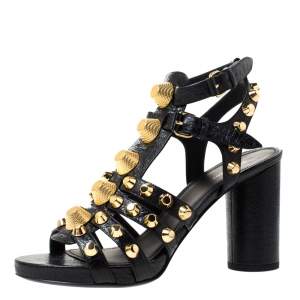 Balenciaga Black Leather Chunky-Heel Studded Gladiator Sandals Size 37
